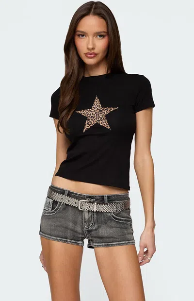 Edikted Narla Leopard Print Star Stretch Cotton T-shirt In Black