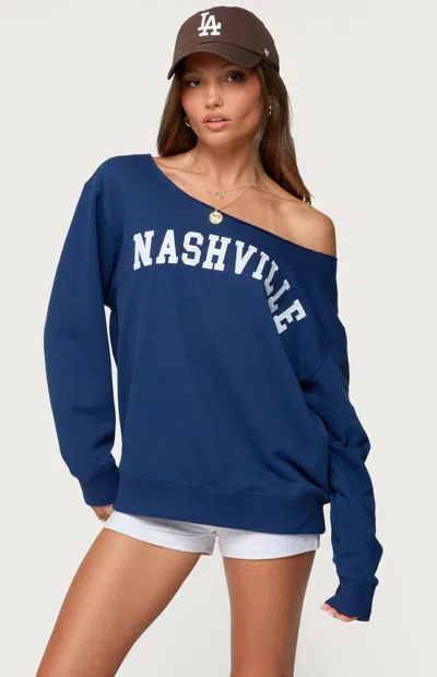 Edikted Nashville Oversize Off The Shoulder Sweatshirt In Blue