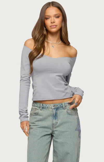 Edikted Nattie Off The Shoulder V-neck Top In Gray