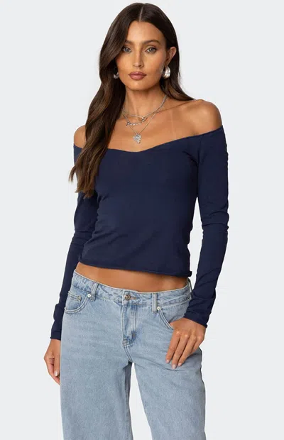 Edikted Nattie Off The Shoulder Long Sleeve Top In Navy