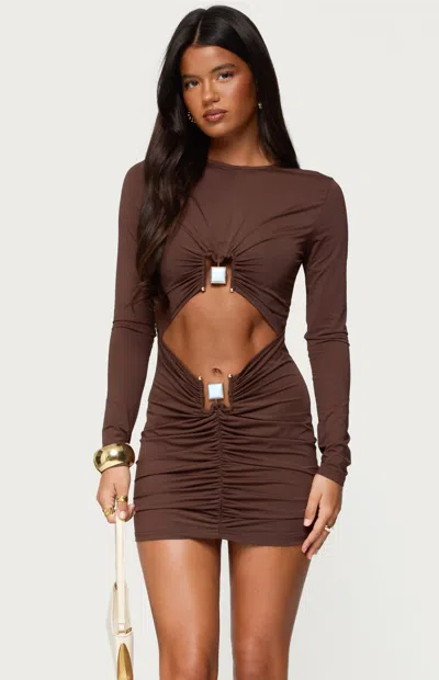Edikted Nia Pendant Cutout Long Sleeve Body-con Minidress In Brown