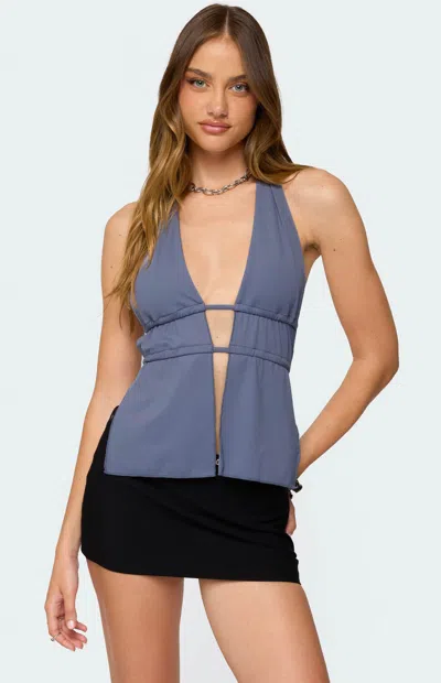 EDIKTED WOMEN'S NIKOLE SPLIT FRONT BACKLESS HALTER TOP IN BLUE