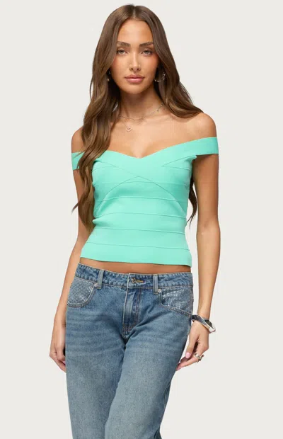 Edikted Niva Off The Shoulder Bandage Knit Top In Green