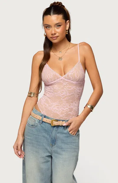 Edikted Women's Nolyn Sheer Lace V Neck Bodysuit In Light Pink