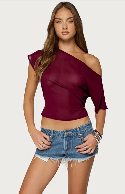 Edikted Women's Noria Sheer Chiffon Off Shoulder Top In Maroon In Burgundy