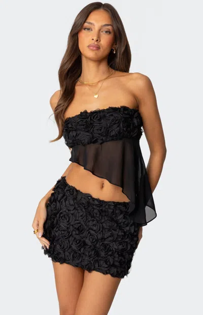 Edikted Nya Asymmetric Strapless Chiffon Top In Black