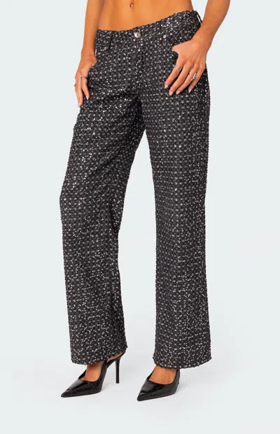 Edikted Nyah Sequin Low Rise Wide Leg Jeans In Black