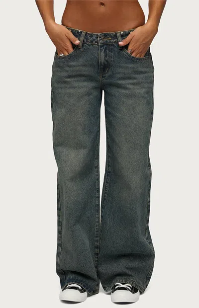 Edikted Women's Nyc Studded Low Rise Baggy Jeans In Blue In Gray