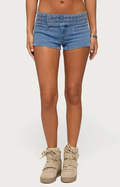Edikted Odetta Studded Low Rise Denim Shorts In Blue