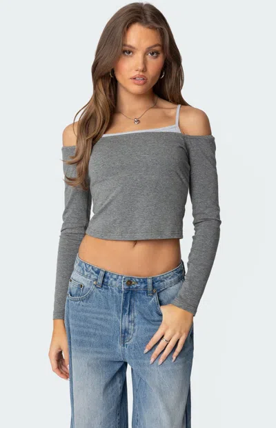 Edikted Women's Off Shoulder Layered Long Sleeve T-shirt In Heather Grey In Gray