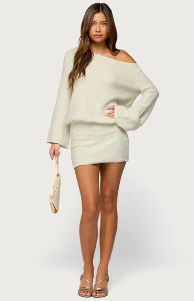 Edikted Sequin One-shoulder Long Sleeve Knit Minidress In White