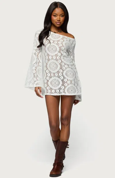 Edikted Sheer Lace One-shoulder Long Sleeve Minidress In Multi
