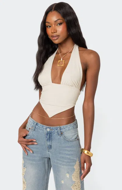 EDIKTED WOMEN'S OPEN BACK TRIANGLE HALTER TOP IN CREAM