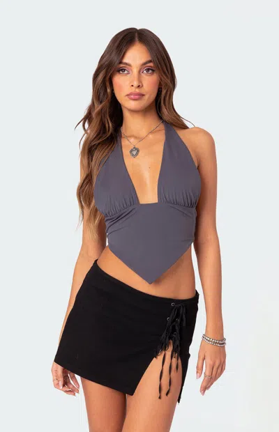 EDIKTED WOMEN'S OPEN BACK TRIANGLE HALTER TOP IN DARK GRAY
