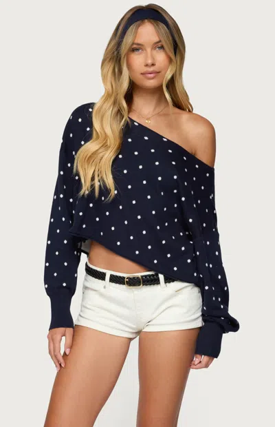 Edikted Oversize Off The Shoulder Polka Dot Sweater In Blue