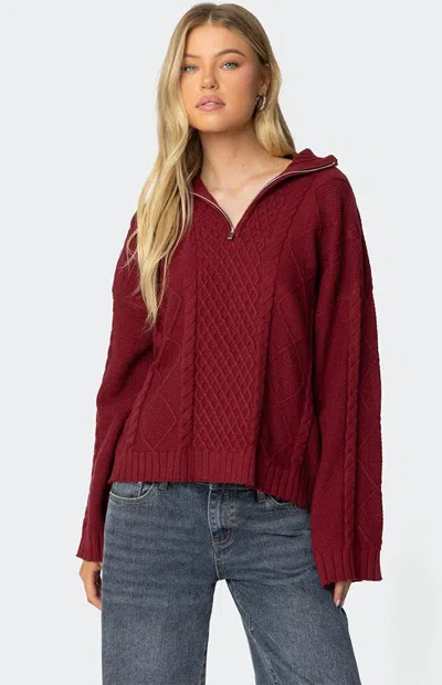 EDIKTED WOMEN'S OVERSIZED QUARTER ZIP CABLE KNIT SWEATER IN BURGUNDY