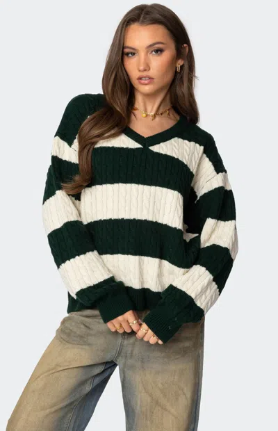 EDIKTED WOMEN'S OVERSIZED STRIPED CABLE KNIT SWEATER IN GREEN