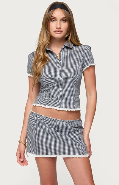Edikted Paige Cotton Blend Gingham Button-up Shirt In Brown