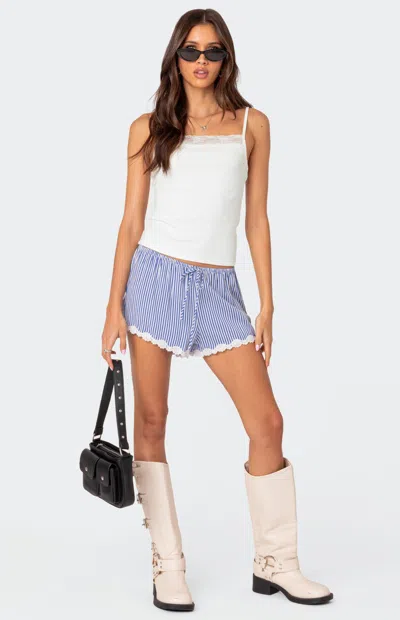 Edikted Patty Stripe Lace Trim Shorts In Blue-and-white