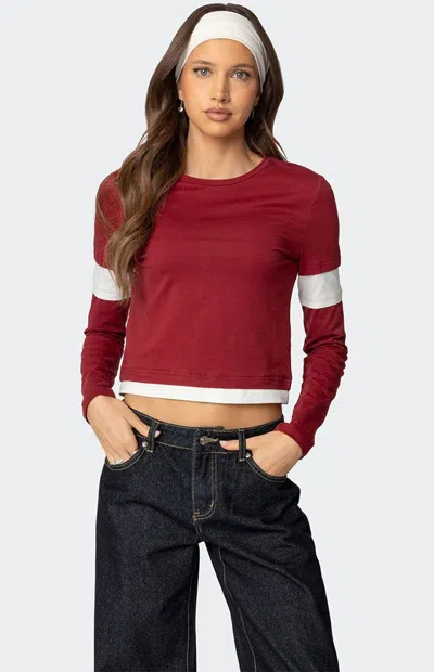 Edikted Paula Layered Look Long Sleeve Cotton T-shirt In Burgundy