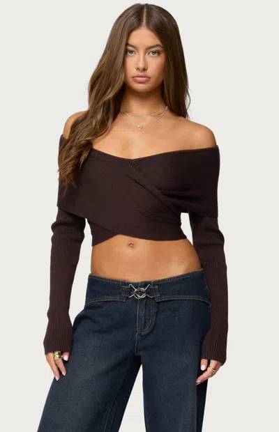 Edikted Paulina Off The Shoulder Wrap Sweater In Brown