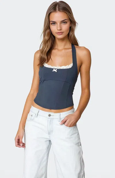 Edikted Peekaboo Lace Halter Bustier Top In Navy