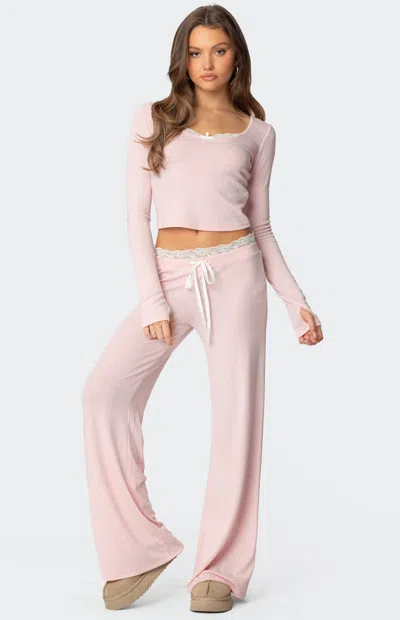 Edikted Peekaboo Lace Trim Knit Wide Leg Pants In Pink