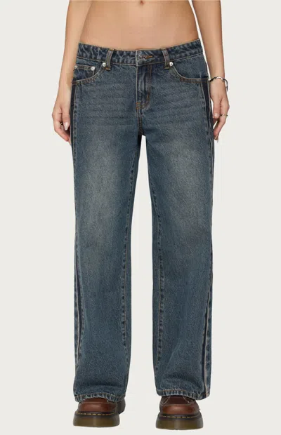Edikted Women's Petite Contrast Panel Low Rise Jeans In Dark Blue In Black