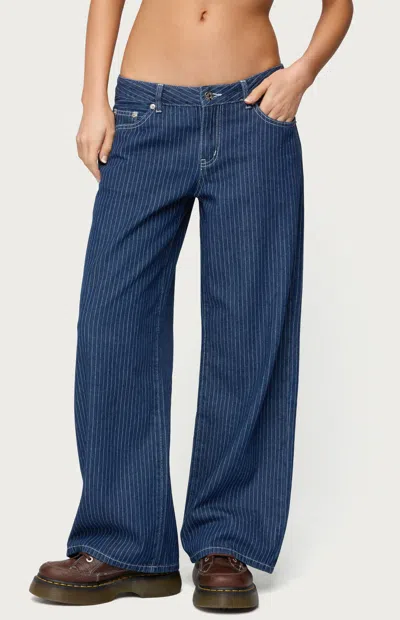 Edikted Women's Petite Pinstripe Low Rise Baggy Jeans In Navy In Blue