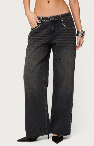 Edikted Women's Petite Quincy Studded Low Rise Baggy Jeans In Washed Black