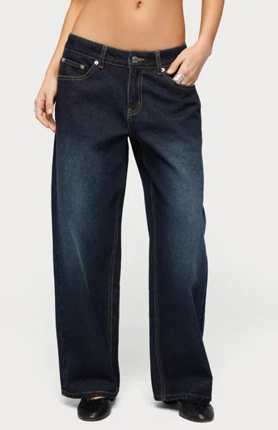 Edikted Women's Petite Raelynn Washed Low Rise Baggy Jeans In Dark Denim In Blue
