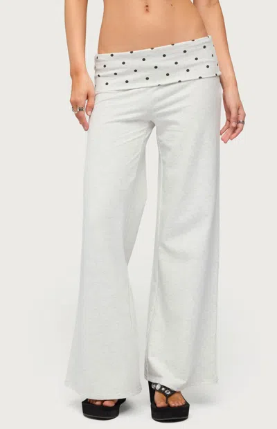 Edikted Women's Petite Reeva Polka Dot Foldover Pants In Light Heather Gray In White