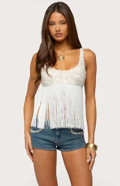 Edikted Women's Petrah Sequin Fringed Bra Top In Cream In White