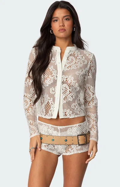 Edikted Peyson Sheer Lace Button-up Shirt In Cream