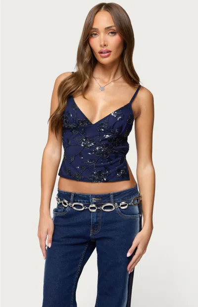 Edikted Pia Sequin Flower Open Back Camisole In Blue