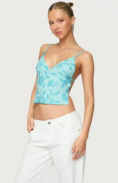 Edikted Pia Sequin Flower Open Back Camisole In Blue