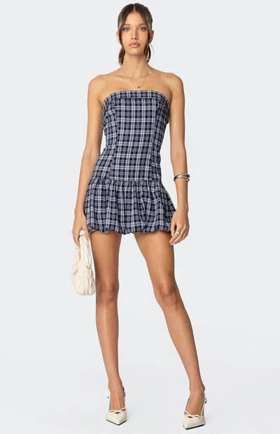 Edikted Plaid Strapless Bubble Hem Minidress In Navy