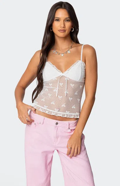 EDIKTED WOMEN'S POLKA DOT & BOW SHEER TANK TOP IN WHITE
