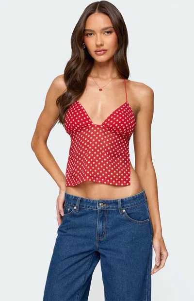 EDIKTED WOMEN'S POLKA DOT BACKLESS CHIFFON TOP IN RED/WHITE