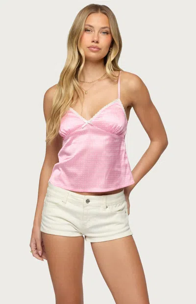 Edikted Women's Polka Dot Satin Effect Lace Trim Top In Pink