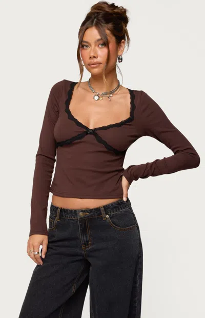 Edikted Porta Contrast Lace Crop Top In Brown