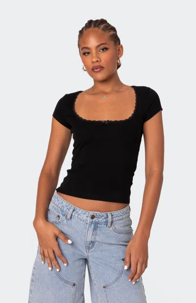 Edikted Priscilla Lace Trim Stretch Cotton Crop Top In Black