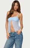 Edikted Priya Split Front Sheer Lace Camisole In Blue