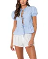 Edikted Stripe Tie Front Puff Sleeve Shirt In Blue And White