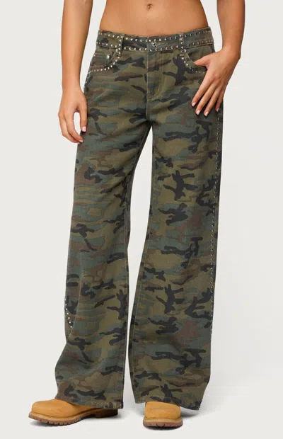 Edikted Quincy Studded Low Rise Baggy Jeans In Green