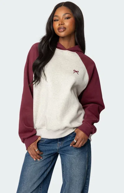 Edikted Bow Embroidery Oversize Colorblock Hoodie In Burgundy-and-gray-me