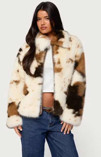 Edikted Rayan Cow Print Faux Fur Jacket In Mix, Women's At Urban Outfitters In Multi