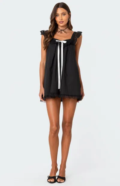 Edikted Babydoll Smock Frill Mini Dress With White Contrast Ribbon In Black