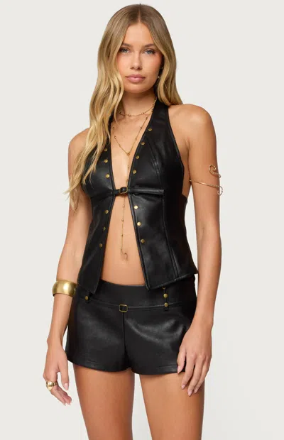 Edikted Reese Studded Split Front Faux Leather Halter Top In Black