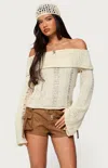 Edikted Distressed Foldover Off The Shoulder Sweater In Neutral